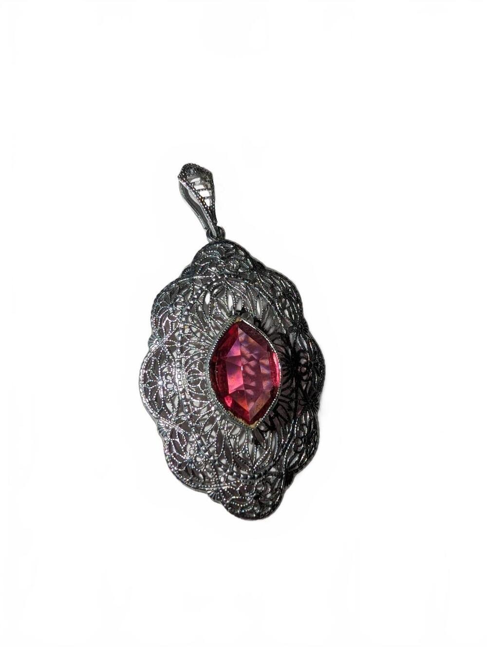 Vintage Silver Filigree Pendant with Marquise pink Gemstone